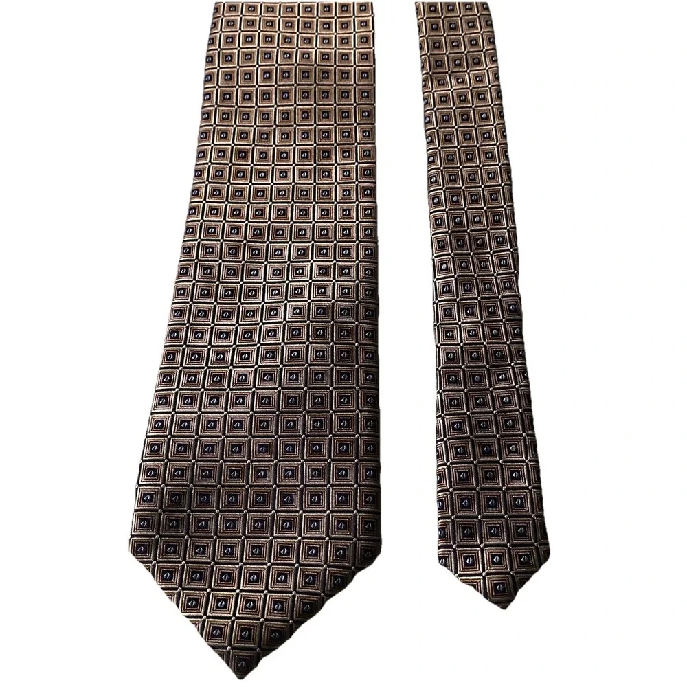 Nautica Men's 100% Silk Neck Tie Geometric Squares Gold‎ & Blue 58
